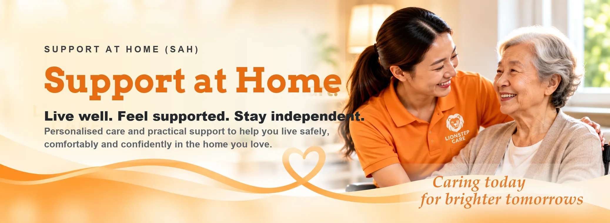 A Lionstep Care worker warmly supporting an older person at home